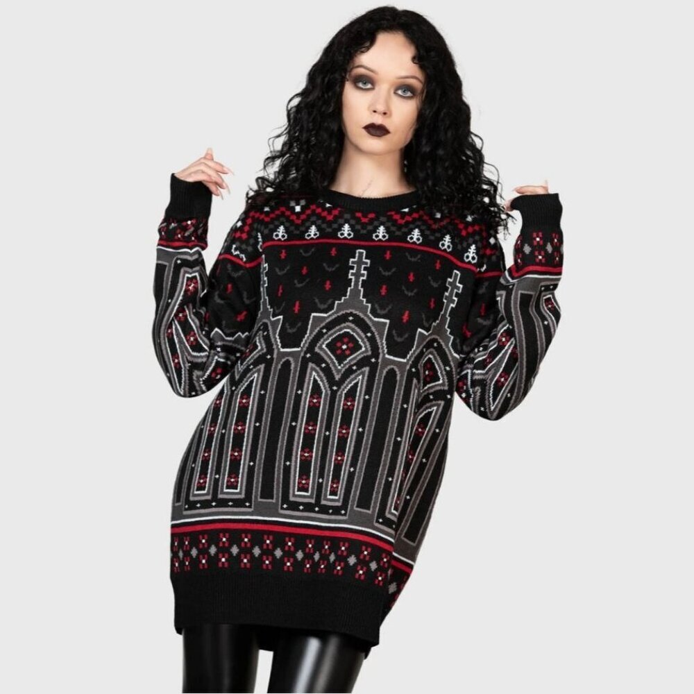 Killstar ✦ Devil On My Back Sweater ✦ Gothic Cathedral Knit Unisex Black Red XXL